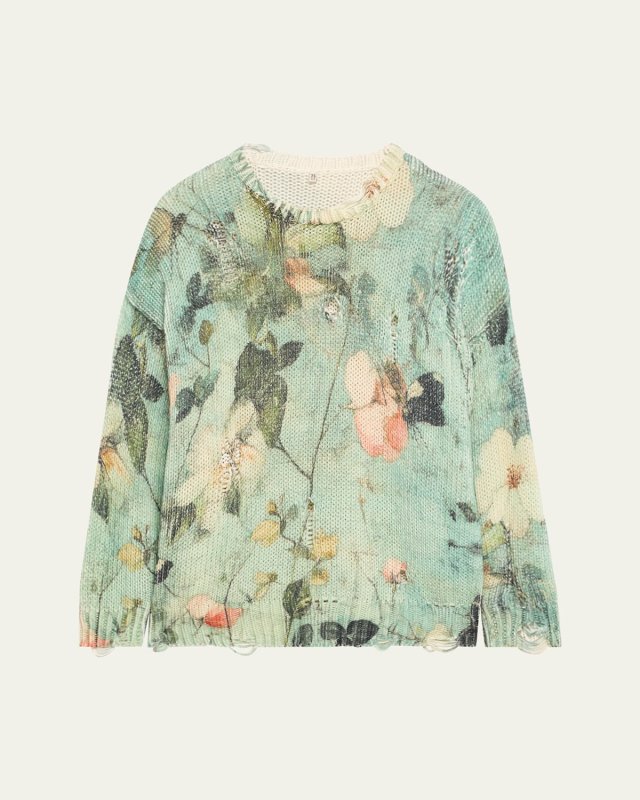 Cashmere Distressed Floral Boyfriend Sweater